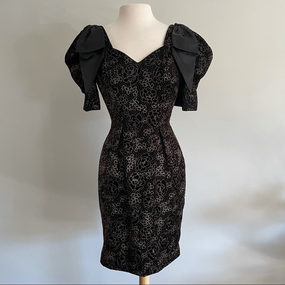 Vintage Nite Scarlett Black Sparkle Bow Puff Sleeve Cocktail Dress Size 5/6